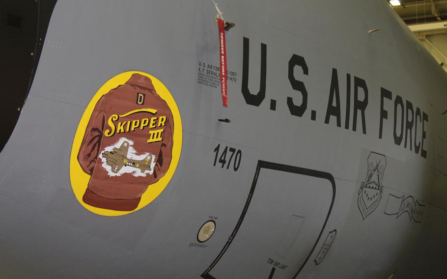 The Skipper III nose art on a KC-135 Stratotanker at RAF Mildenhall. The U.S. Air Force at RAF Mildenhall dedicated the nose art on May 7, 2021, in memory of Master Sgt. Dewey Christopher, a World War II crew chief who helped keep the B-17s of the 100th Bombardment Group mission-read.