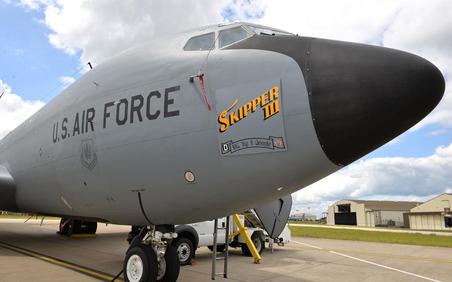 The 100th Air Refueling Wing lead jet displays the nose art of “Skipper III."  The U.S. Air Force dedicated the nose art on the KC-135 Stratotanker at a ceremony at RAF Mildenhall, May 7, 2021, in memory of Master Sgt. Dewey Christopher, a World War II crew chief who helped keep the B-17s of the 100th Bombardment Group mission-ready.