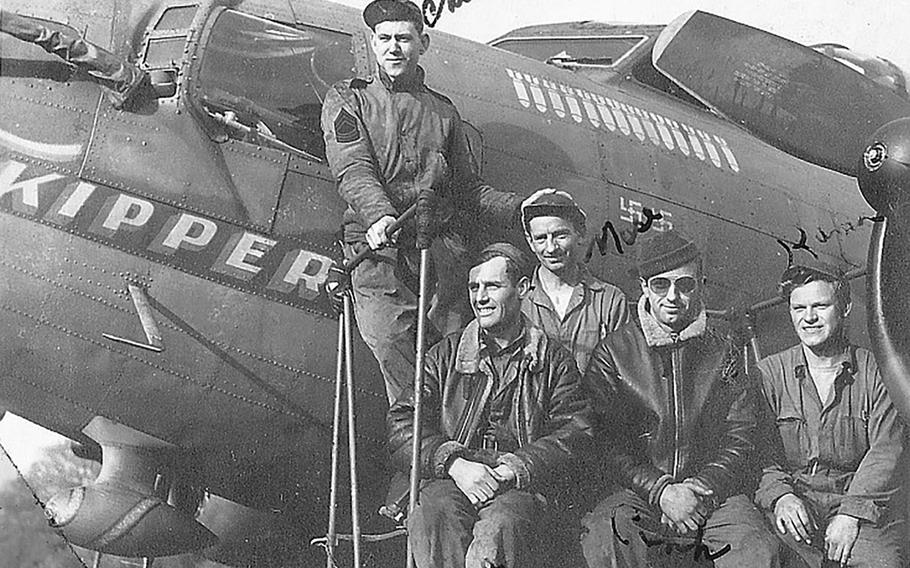 Master Sgt. Dewey Christopher, left, poses for a photo with his ground crew and his first B-17 Flying Fortress, “Skipper” at Thorpe Abbotts, Diss, England, in 1942. 