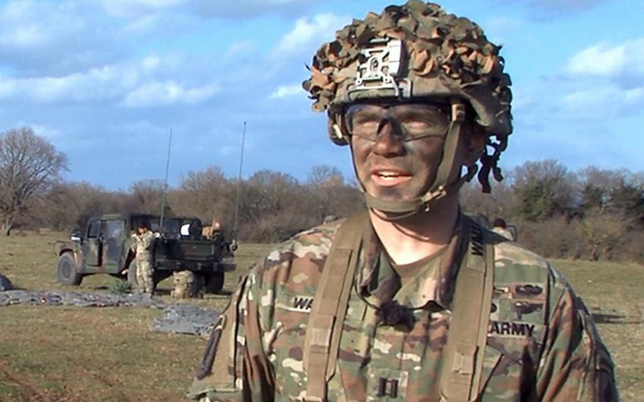 Capt. Aaron Waller of the 173rd Airborne Brigade, seen here in a screenshot from a 2020 Defense Visual Information Distribution Service video, was seriously injured in a recreational skydiving accident May 9, 2021, near Vicenza, Italy, according to Italian media reports.