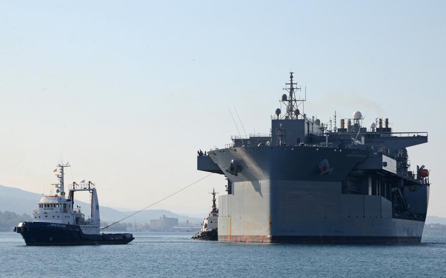 The Expeditionary Sea Base USS Hershel ''Woody'' Williams arrives at Souda Bay, Greece, for a port call Nov. 16, 2020. The U.S. and Greece will likely update a bilateral security pact this summer in a deal that could allow for more U.S. military activity in the region, Greek Defense Minister Nikos Panagiotopoulos said this week.

