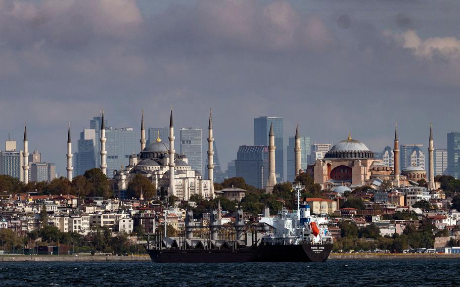 The Barbados-flagged ship "Nord Vind" coming from Ukraine loaded with the grain is anchored for inspection in Istanbul on Oct. 11, 2022. 
