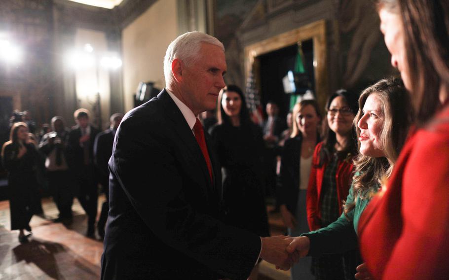 Vice President Mike Pence surprised military spouses stationed in Italy on Friday, Jan 24, 2020, at the U.S. Embassy in Rome.