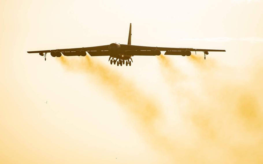 A B-52 Stratofortress flies overhead at RAF Fairford, England, Aug. 22, 2020. Russian fighter planes flew unsafely and unprofessionally within close range of a B-52 over the Black Sea on Saturday, the U.S. military said.
