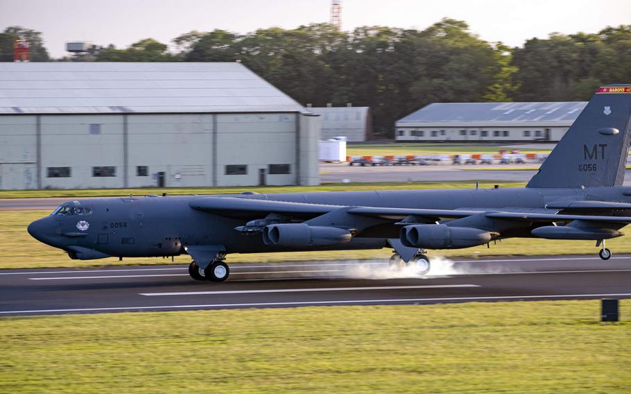 A B-52 Stratofortress lands at RAF Fairford, England, Aug. 22, 2020. Russian fighter planes flew unsafely within 100 feet of a B-52 over the Black Sea on Saturday, the U.S. military said.

