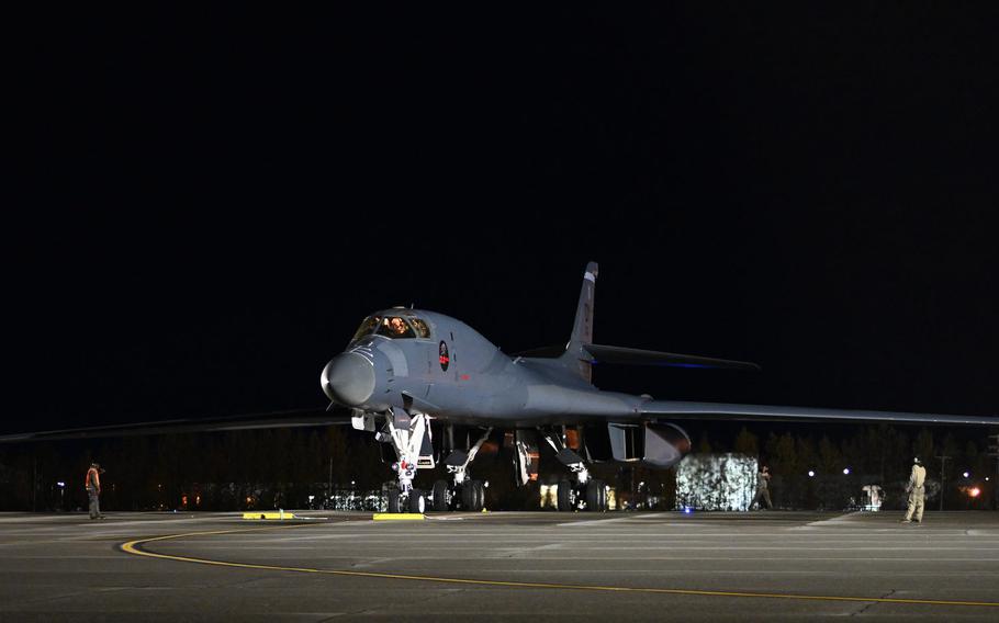 A B-1 Lancer arrives at Eilson Air Force Base, Alaska, Sept. 10, 2020, in support of a Bomber Task Force mission. Three B-1 bombers flew over the East Siberian Sea near Russia the week of Sept. 7, in the latest show of force by the Air Force. 
