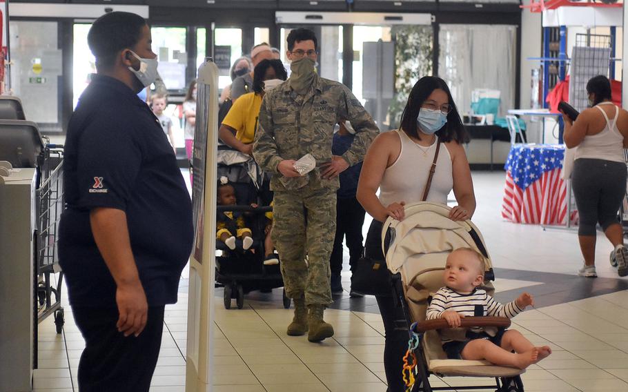A short line forms at the entrance to the Aviano base exchange on Tuesday, May 19, 2020. Due to eased travel and shopping restrictions in Italy, Tuesday was the first day to see dozens of children shopping with parents in the store in months.


