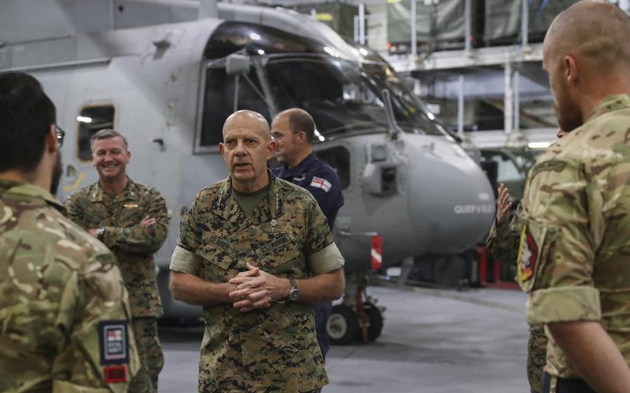 Marine Corps commandant Gen. David H. Berger visits the British aircraft carrier HMS Queen Elizabeth at sea off the coast of Flamborough, United Kingdom, on Oct. 1, 2020. 

