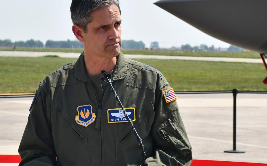 Lt. Gen. Steven L. Basham, deputy commander of U.S. Air Forces in Europe-Air Forces Africa, speaks about Astral Knight 2019 at a press conference at Aviano Air Base, Italy, June 4, 2019.
