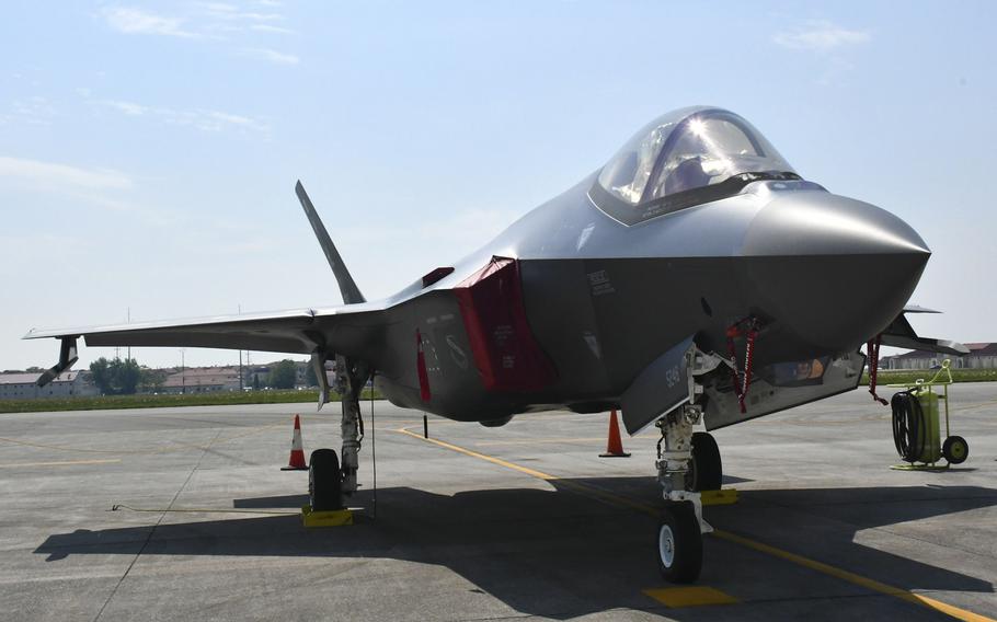 An F-35A Lightning II stealth fighter sits on the Aviano Air Base, Italy, flight line during the Astral Knight exercise on June 4, 2019. 

