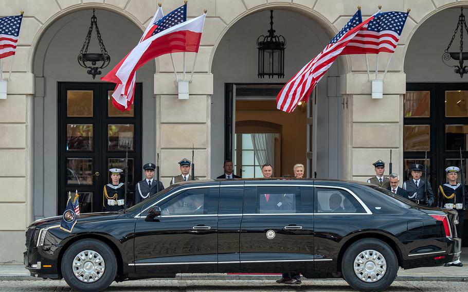 Poland President Andrzej Duda, center, and his wife, Agata, greet U.S. Vice President Mike Pence and his wife, Karen, as the Pences' car arrives at the presidential palace in Warsaw, Poland, on Monday, Sept. 2, 2019.