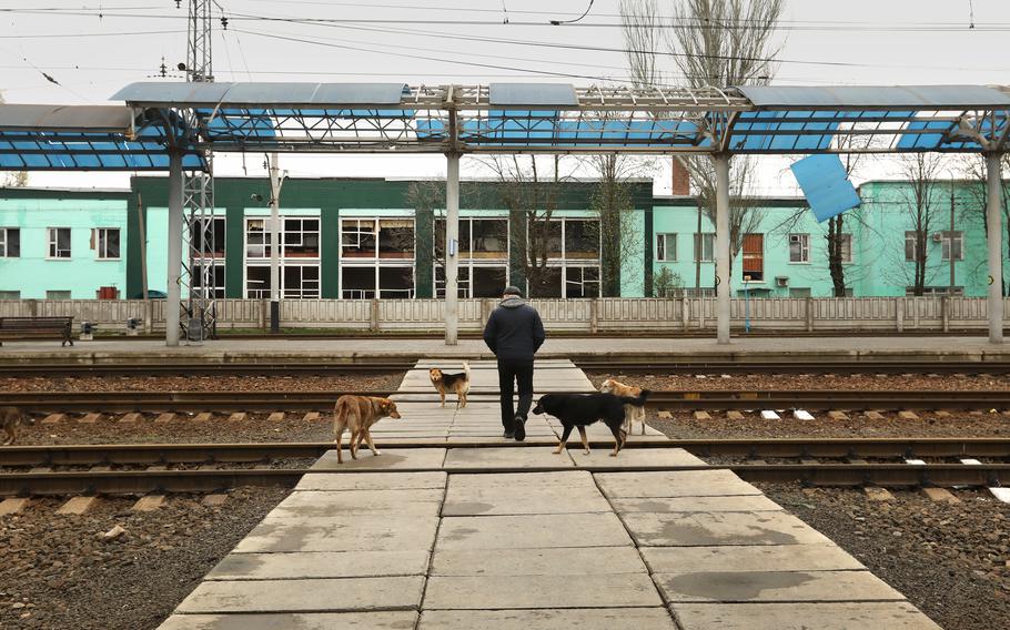 On April 14, 2022, the train station in Slavyansk, Ukraine, is closed after a Russian missile attack that killed 57 people in the nearby train station in Kramatorsk. 