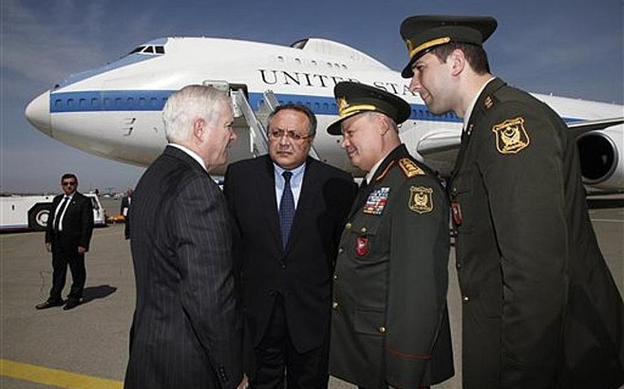 This week's schedule for Defense Secretary Robert Gates, left, who met with Azerbaijan officials on Monday, also includes stops in Singapore, England and Belgium. On Friday, he'll end his five-nation trip in Germany, where he'll visit with troops at Landstuhl Regional Medical Center before delivering the commencement address to the Kaiserslautern High School graduating class.