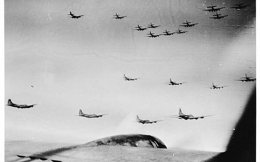 An 8th Air Force formation heads out for another mission to bomb Germany during World War II.