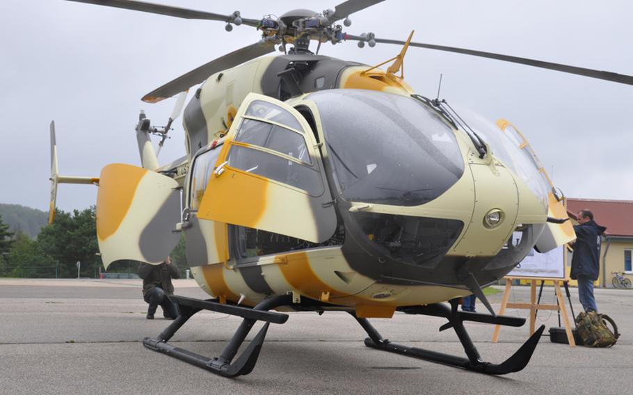 A UH-72 Lakota stands on display Thursday in Hohenfels, Germany. The helicopter is replacing the UH-1 'Huey' as the U.S. Army's light utility helicopter. The camouflage paint is used for training purposes for ground troops to identify it as an enemy aircraft.