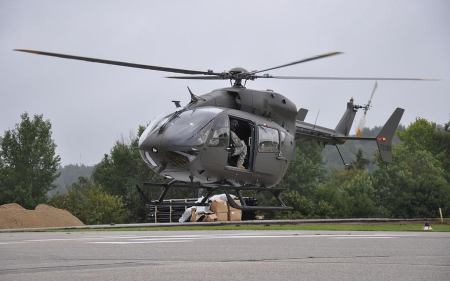 A UH-72 Lakota comes in for a landing Thursday in Hohenfels during an aerial demonstration. The helicopter is replacing the UH-1 as the Army's light utility helicopter.