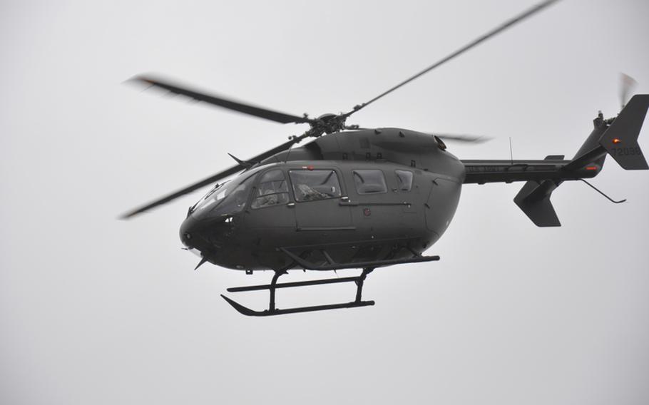A UH-72 Lakota flies overhead Thursday in Hohenfels during an aerial demonstration. The helicopter is replacing the UH-1 as the Army's light utility helicopter.