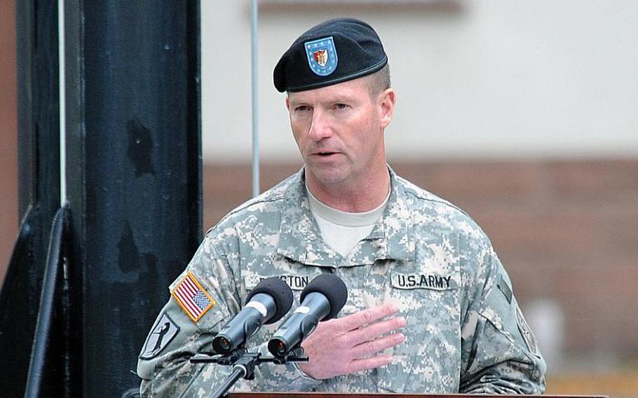 Sgt. Maj. of the Army Kenneth Preston speaks at the 21st Theater Sustainment Command's fallen soldier retreat at Panzer Kaserne in Kaiserslautern, Germany, on Thursday afternoon. A week before Veteran's Day, Preston spoke of honoring all veterans, living and dead.