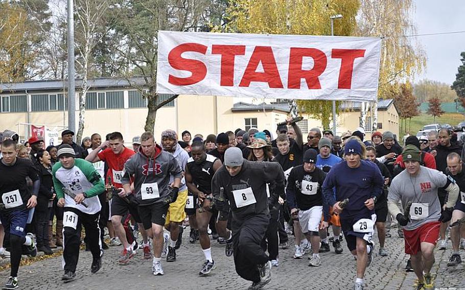 Soldiers of the 173rd Airborne Brigade Combat Team in Bamberg, Germany, and neighboring units get started on their fourth annual 24-hour continuous team run on Monday, Nov. 8. 