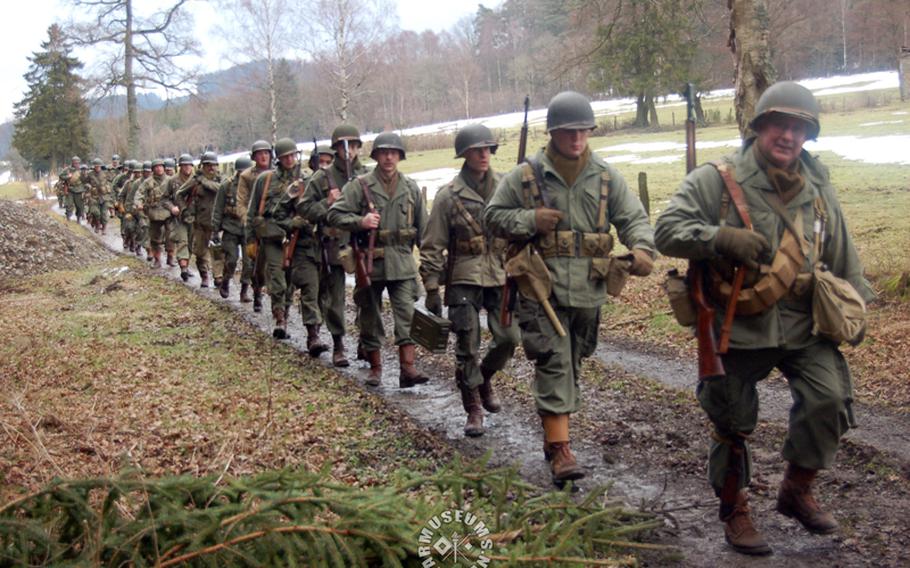Last year's walk commemorating the 82nd Airborne Division's role in the Battle of the Bulge took participants on a 14-mile trek through such Belgian towns as La Gleize, Brume, Rahier, Cheneux and La Vaux Renard before looping back to La Gleize. About 1,000 people, including these re-enactors marking through the Belgian countryside toward the town of Cheneux,  participated in the event.