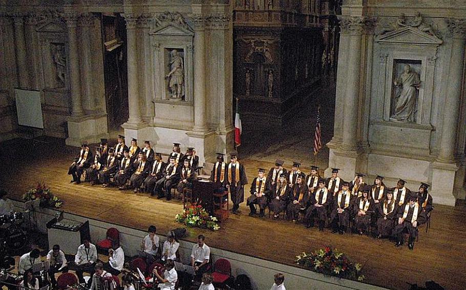A Vicenza High School graduating class sits on the stage in the Teatro Olimpico, the oldest indoor amphitheater in the world, during a 2007 graduation ceremony. Vicenza is among the Department of Defense Dependents Schools high schools in Europe who hold ceremonies off base in historic settings.