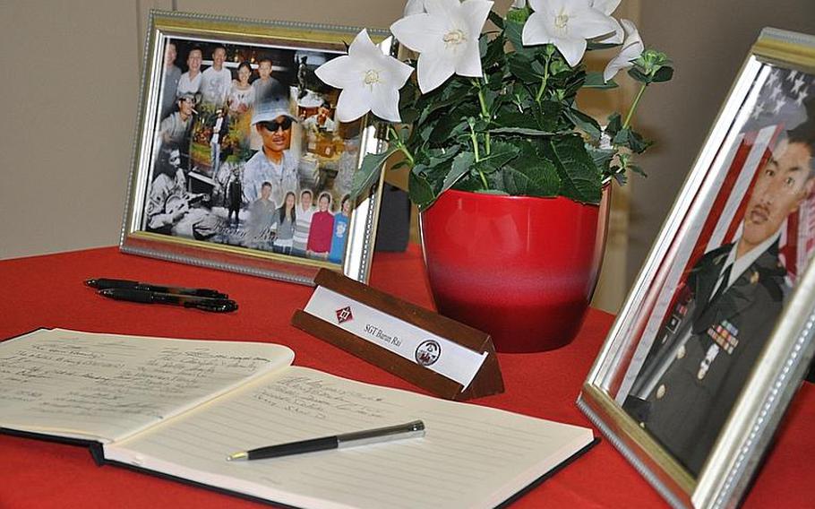 A guest book awaits signatures at the memorial service Friday for Sgt. Barun Rai at the Bamberg (Germany) Community Chapel on Warner Barracks.
Dan Blottenberger/Stars and Stripes