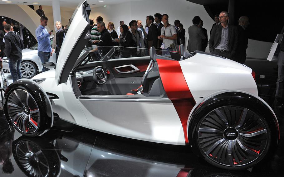 The Audi urban concept Spyder debuted at this year&#39;s Frankfurt International Motor Show. It is an electric two-seater with, according to Audi, a range of just over 45 miles. The battery recharges completely in about one hour with 230-volt household current.