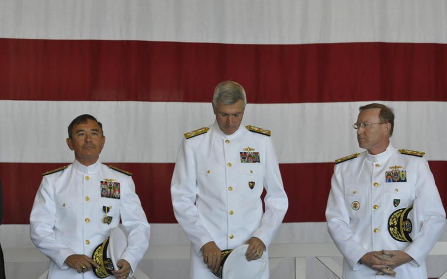 Navy Vice Adm. Frank C. Pandolfe, right, took command of U.S. 6th Fleet on Monday during a ceremony in Naples, Italy. Pandolfe replaces outgoing commander Vice Adm. Harry B. Harris, Jr., left. At center is Adm. Samuel J. Locklear, commander of U.S. Naval Forces Europe and Africa.