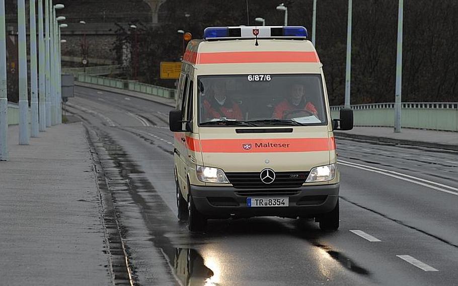 An ambulance patrols the streets of Koblenz, Germany, on Dec. 4, 2011, as crews began the task of defusing unexploded bombs, believed to have been dropped on the city during World War II.