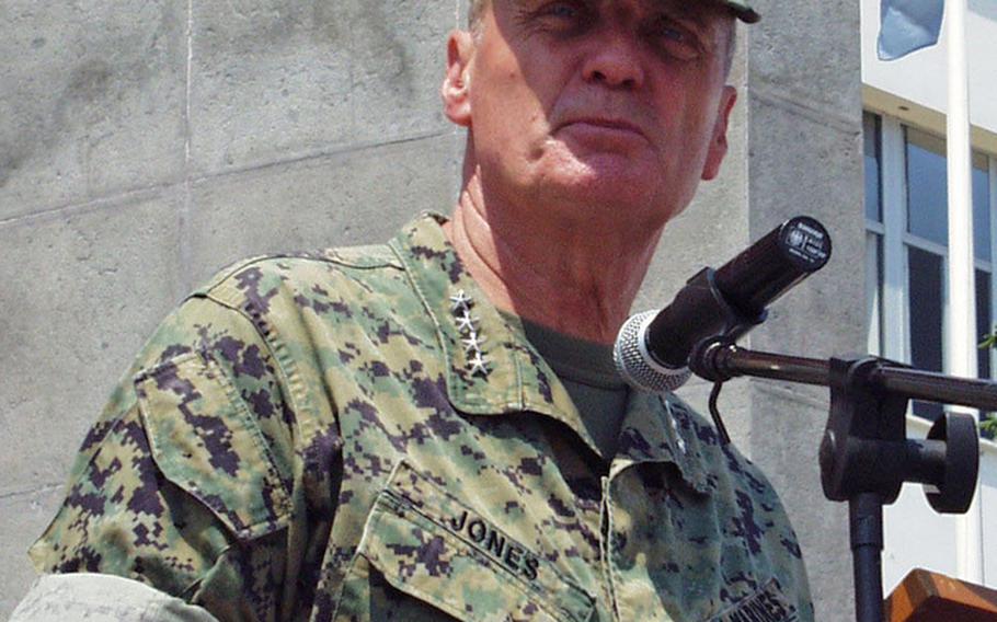 Former Supreme Allied Commander Europe, Gen. James Jones, speaks during a transfer of authority ceremony of NATO's Response Force in Naples, Italy, in 2005. Jones, who was later President Obama's first National Security Adviser, cautions against a wholesale force reduction in Europe, which he says would jeopardize the U.S.'s standing in NATO and strain EUCOM's training mission.