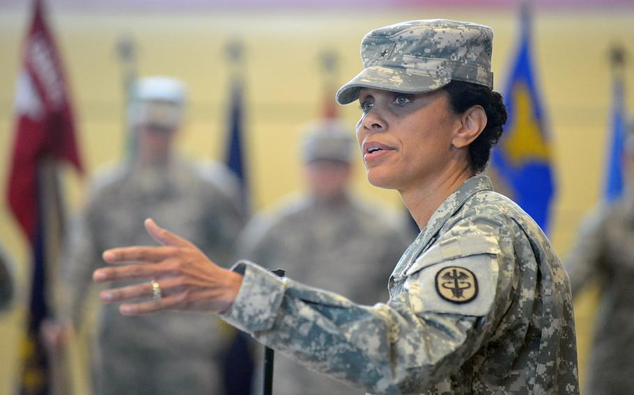 Brig. Gen. Nadja Y. West,  commander of the European Regional Medical Command, speaks at the Landstuhl Regional Medical Center&#39;s change of command Thursday. Col. Jeffrey B. Clark relinquished command to Col. Barbara R. Holcomb.