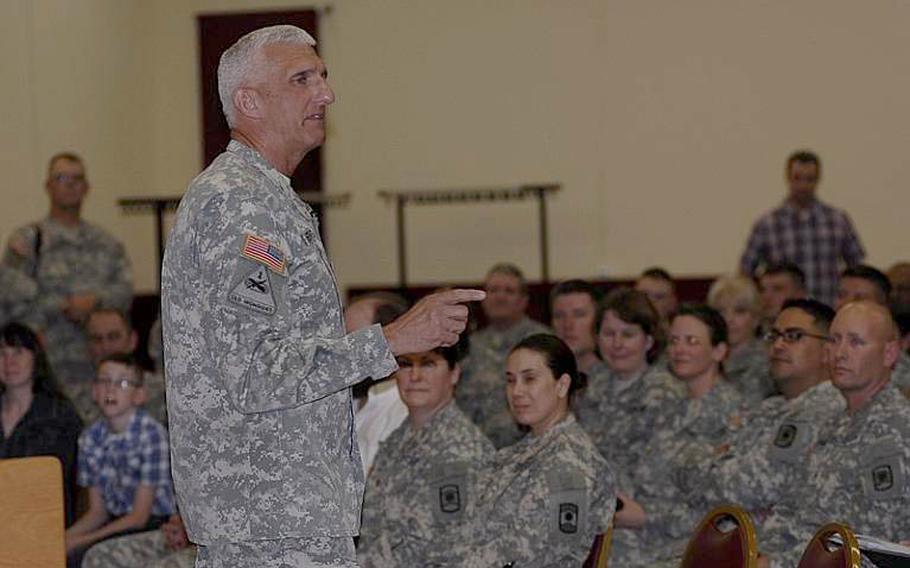 Lt. Gen. Mark Hertling, the commander of U.S. Army Europe, speaks to reservists with the 7th Civil Support Command at the unit&#39;s headquarters at Daenner Kaserne Sunday. The visit was a chance for Hertling to see the command?s unique capabilities, as well as talk to the reservists about the Army?s future plans in Europe and find out what was on the soldiers&#39; minds, he said.