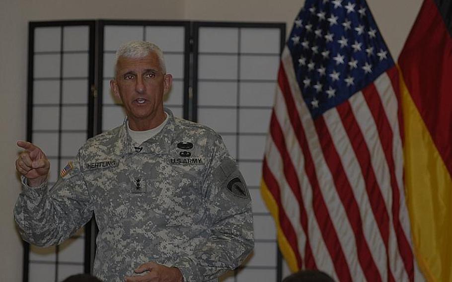 Lt. Gen. Mark Hertling, the commander of U.S. Army Europe, speaks to reservists with the 7th Civil Support Command at the unit&#39;s headquarters at Daenner Kaserne Sunday. The visit was a chance for Hertling to see the command?s unique capabilities, as well as talk to the reservists about the Army?s future plans in Europe and find out what was on the soldiers&#39; minds, he said.