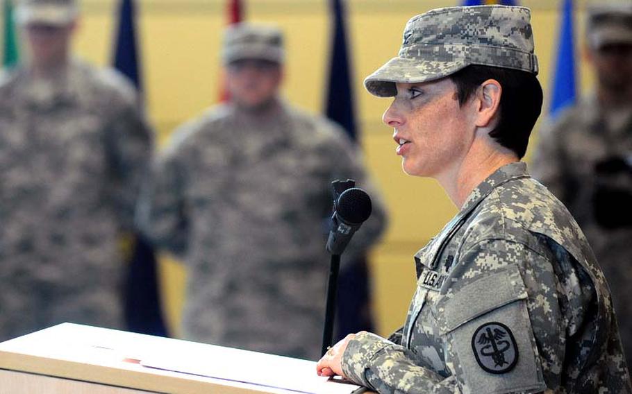 Col. Barbara R. Holcomb, the new commander of the Landstuhl Regional Medical Center, speaks at the LRMC change of command ceremony on May 3.