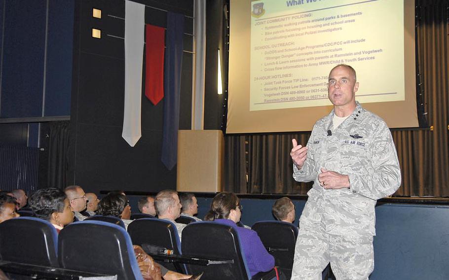 Lt. Gen. Craig Franklin, the commander of the Kaiserslautern Military Community and 3rd Air Force, talks during a town hall meeting at Ramstein Air Base on May 2, about child safety issues following recent reports of alleged child molestations and an alleged attempted child abduction at military bases in the Kaiserslautern area. Another attempted child abduction was reported Wednesday.
