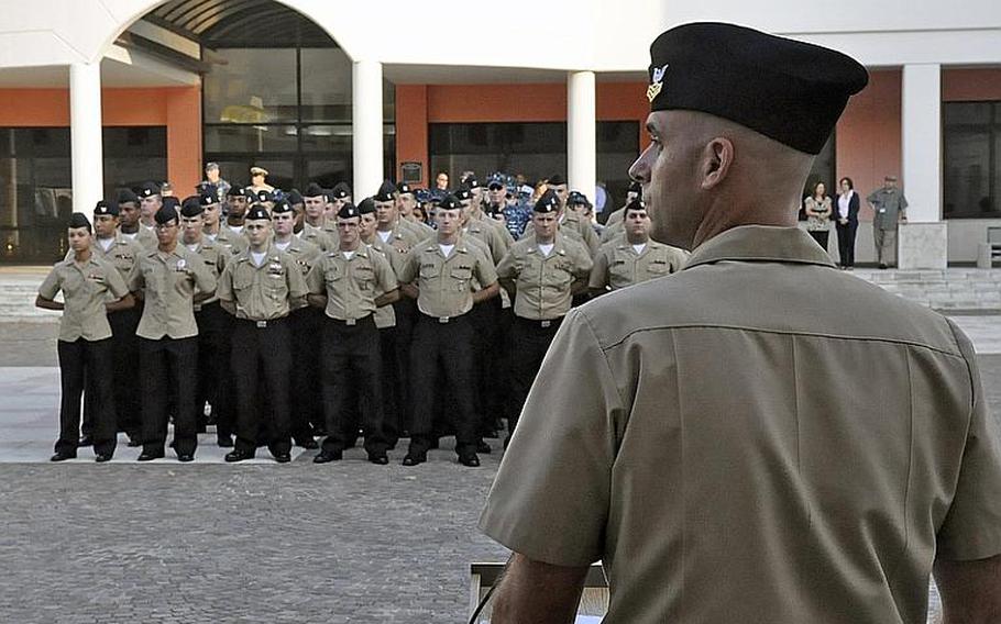 Servicemembers remember the victims of the Sept. 11, 2001, terrorist attacks in the United States during a ceremony Tuesday at the Capodichino base of Naval Support Activity Naples, Italy. The ceremony featured band music, several invocations and a moment of silence for the victims.