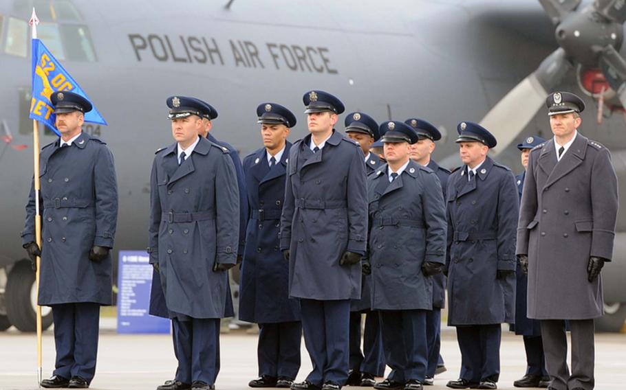 Airmen of Detachment 1, 52nd Operations Group at their activation ceremony in Lask, Poland, Friday.  Detachment 1 is the first U.S. military unit permanently stationed in Poland.