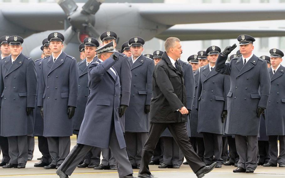 Polish Defense Minister Tomasz Siemoniak inspects his servicemembers at the beginning of the activation ceremony for Detachment 1, 52nd Operations Group in Lask, Poland, Friday. Detachment 1 is the first U.S. military unit permanently stationed in Poland.