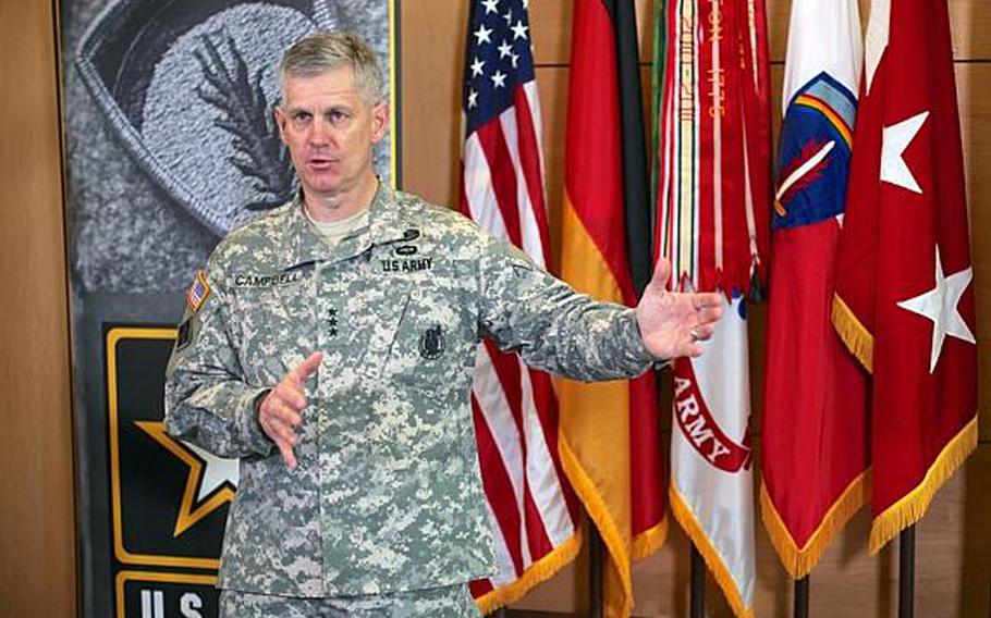 Lt. Gen. Donald M. Campbell Jr. addresses the media after officially assuming command of U.S. Army Europe in a ceremony Wednesday at the Army's Clay Kaserne in Wiesbaden, Germany.