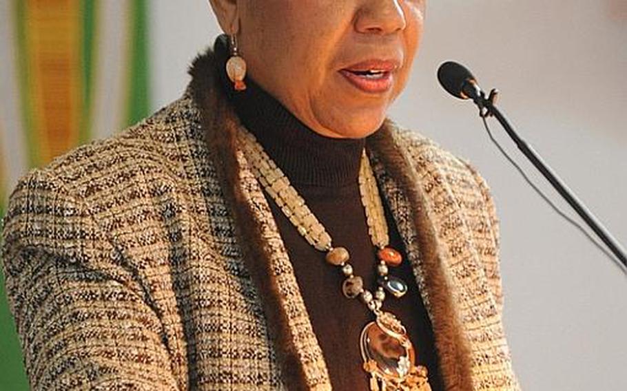 Harriet Hunter-Boykin,  a former assistant superintendant for Department of Defense Dependents Schools-Europe's Heidelberg District, seen here at a Black History Month event in Heidelberg in 2009, will be a keynote speaker at an annual international celebration honoring Martin Luther King Jr. in Heidelberg, Germany, on Jan. 26, 2013.