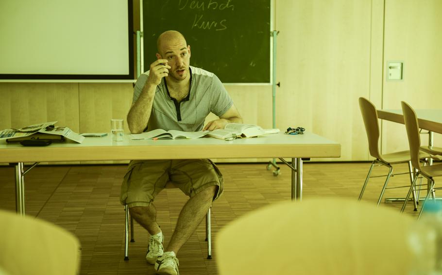 Marc-Oliver Knapp teaches German to U.S. Air Force cadets participating in a cultural immersion course at a school in Bruchmuehlbach-Miesau, Germany.