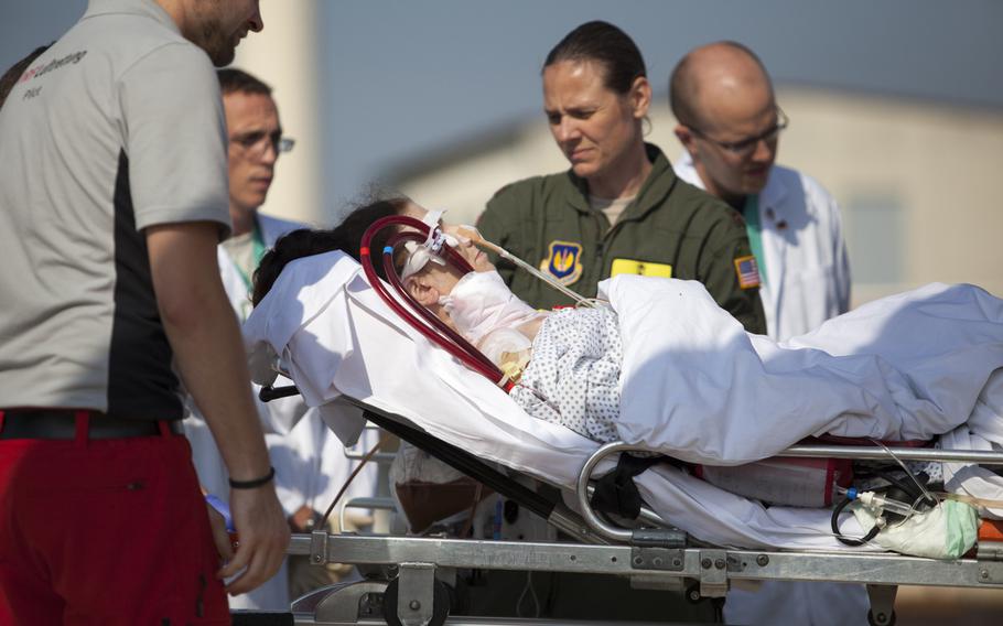 A German medical helicopter transported a patient on extracorporeal membrane oxygenation treatment from Wurzburg to Landstuhl Regional Medical Center on July 9, 2013.