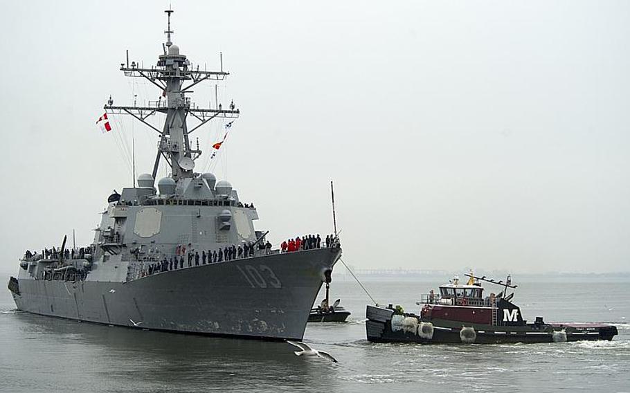 The guided-missile destroyer USS Truxtun departs Naval Station Norfolk for a scheduled deployment. Truxtun is heading for the Black Sea for exercises with allied navies amid heightened tensions with Russia over Ukraine.