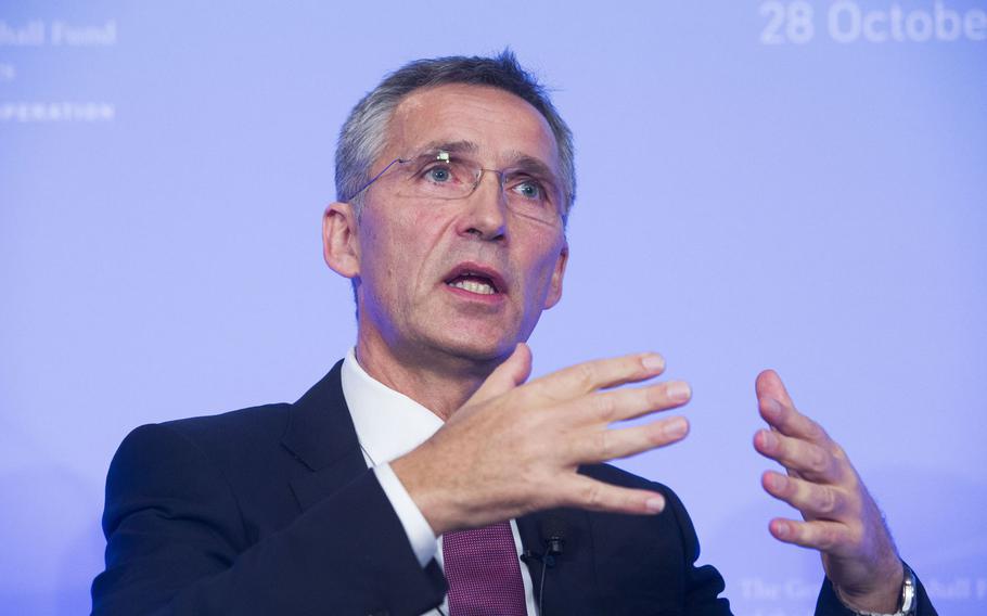 NATO Secretary-General Jens Stoltenberg speaks at the German Marshall Fund in Brussels, Tuesday, Oct. 28, 2014.
