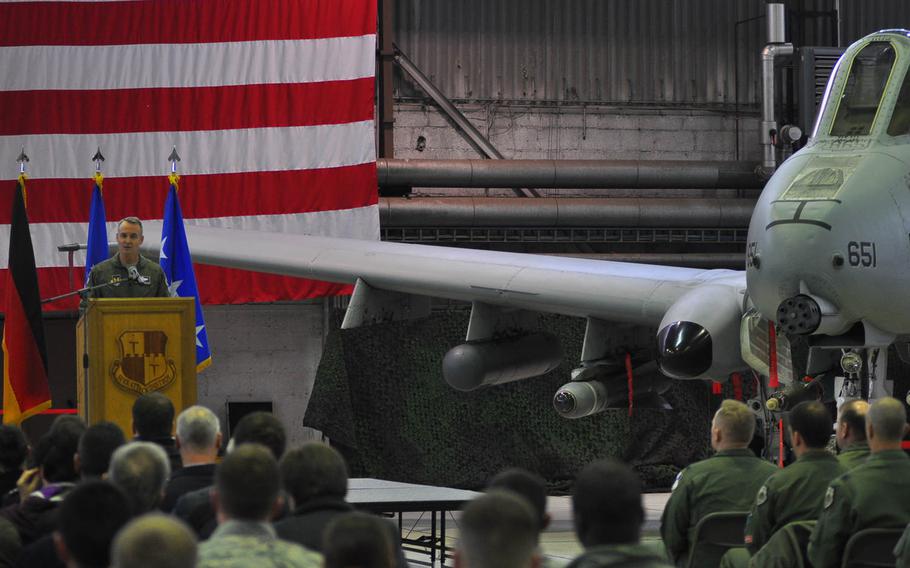 Standing next to an A-10 Thunderbolt II, Lt. Gen. Darryl Roberson, 3rd Air Force commander, speaks during a ceremony on Feb. 18, 2015, at Spangdahlem Air Base, Germany. Roberson welcomed members from the 354th Expeditionary Fighter Squadron, who are deployed to Spangdahlem, along with 12 A-10s, from Davis-Monthan Air Force Base, Ariz.