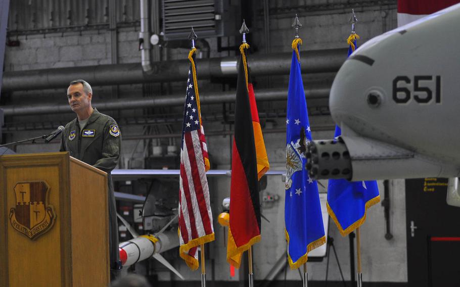 Standing next to an A-10 Thunderbolt II, Lt. Gen. Darryl Roberson, 3rd Air Force commander, speaks during a ceremony on Feb. 18, 2015, at Spangdahlem Air Base, Germany. Roberson welcomed members from the 354th Expeditionary Fighter Squadron, who are deployed to Spangdahlem, along with 12 A-10s, from Davis-Monthan Air Force Base, Ariz.