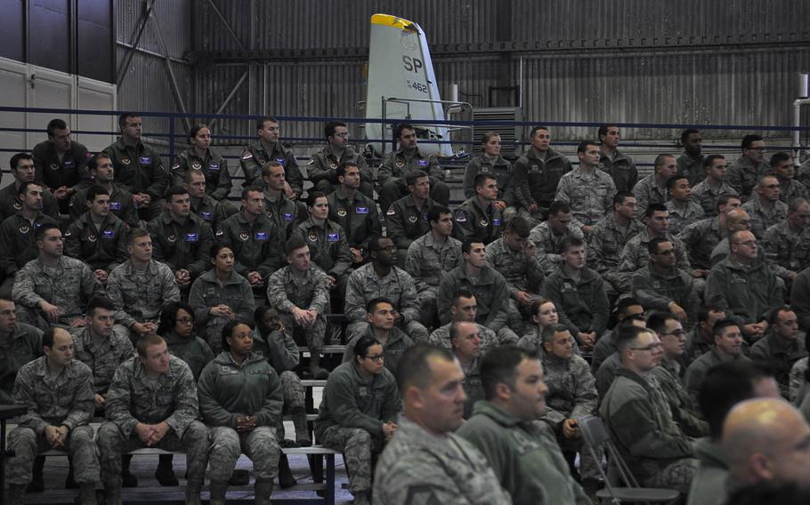 Airmen from the 354th Expeditionary Fighter Squadron attend a welcome ceremony on Feb. 18, 2015, at Spangdahlem Air Base, Germany. About 300 personnel and 12 A-10 Thunderbolt II aircraft are deployed to Spangdahlem from Davis-Monthan Air Force Base, Ariz., to bolster regional security amid the Ukraine crisis.