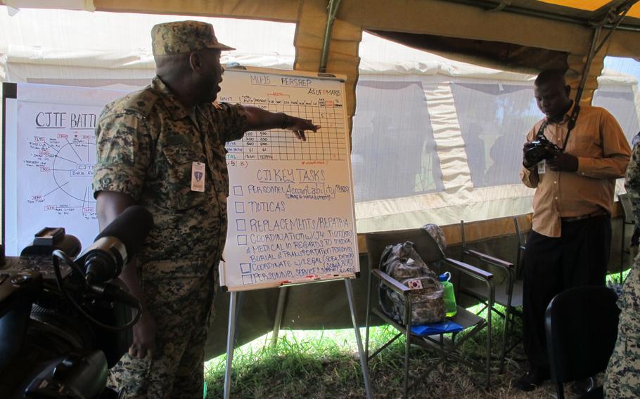 A Ugandan solider gestures leads a briefing at the Eastern Accord 2015 exercise, in which troops were supposed to respond to a scenario of armed conflict and a resulting humanitarian crisis.