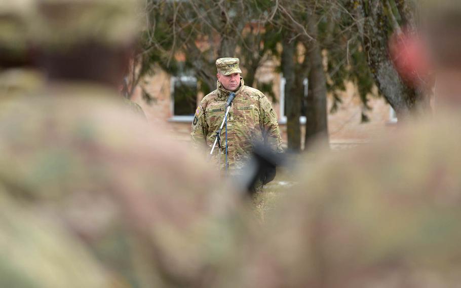 U.S. Army Europe commander Lt. Gen. Ben Hodges talks to American and Lithuanian troops during a farewell ceremony in Alytus, Lithuania, Monday, March 23, 2015. The Strykers of Lightning Troop, 3rd Squadron, 2nd Cavalry Regiment and their supporting units began their Dragoon Ride convoy home to Vilseck, Germany, through Lithuania, Poland and the Czech Republic, following training in Lithuania.