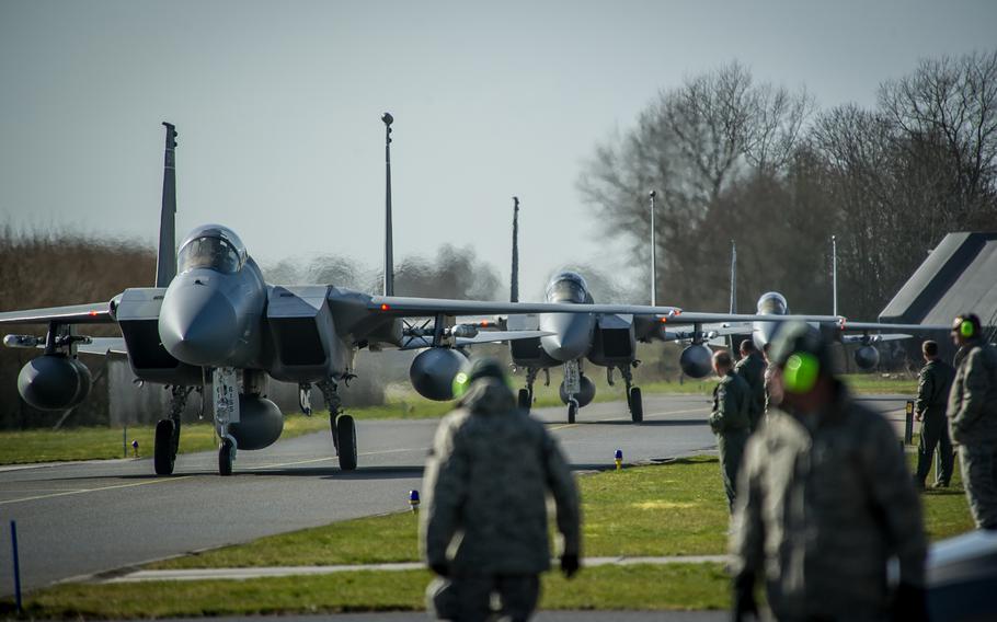 F-15C Eagles taxi into position at Leeuwarden Air Base, Netherlands, on  March 31, 2015. F-15C Eagles from the Florida Air National Guard's 159th Expeditionary Fighter Squadron are deployed to Europe as the first ever National Guard theater security package here.

Ryan Crane/U.S. Air Force